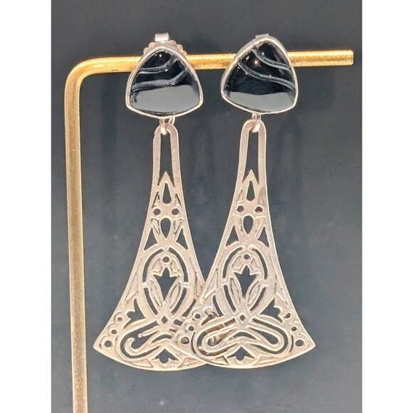 Vtg Tabra 14K Gold Post 925 Sterling Silver Carved Onyx Drop Earrings 18.34g - Picture 13 of 13